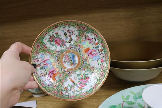 Two Chinese tea bowls , Cantonese cup and saucer, plate and two dishes